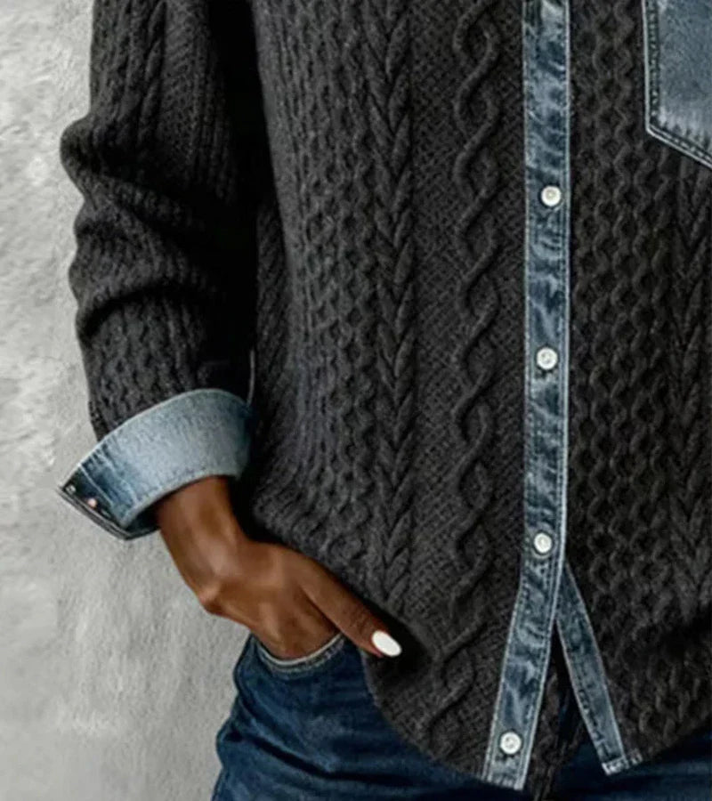 Ambra | Gebreide Top in Patchwork met Denim Details