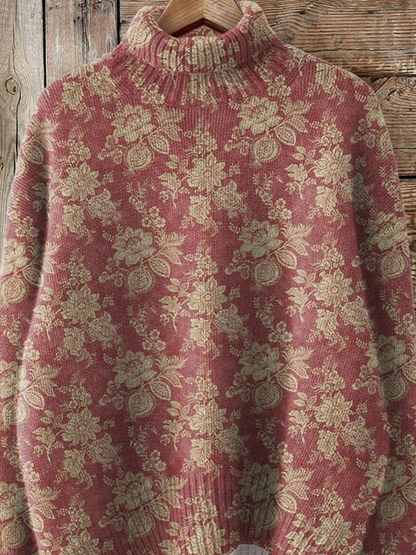 Rose | Retro Rose Print Turtleneck Sweater