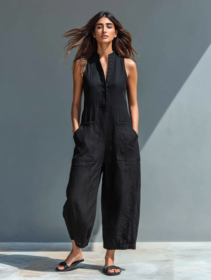 Minimalistischer ärmelloser Damen-Jumpsuit aus Leinenmischung mit Stehkragen und Knopfleiste