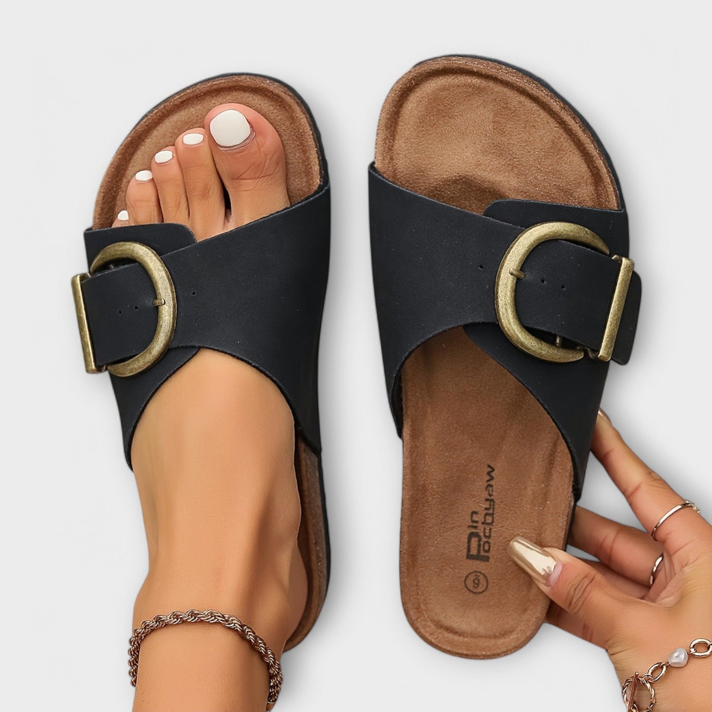 Aurora - Damen Kork Pantoletten mit Schnallenriemen Design