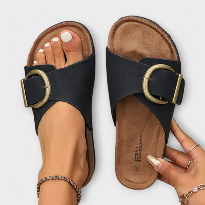 Aurora - Damen Kork Pantoletten mit Schnallenriemen Design
