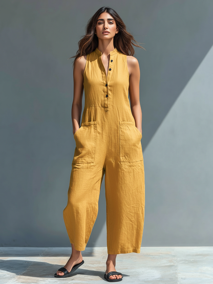 Minimalistischer ärmelloser Damen-Jumpsuit aus Leinenmischung mit Stehkragen und Knopfleiste