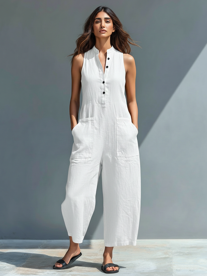 Minimalistischer ärmelloser Damen-Jumpsuit aus Leinenmischung mit Stehkragen und Knopfleiste