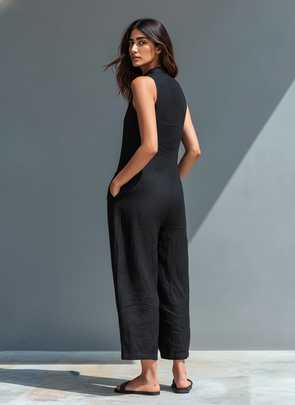 Minimalistischer ärmelloser Damen-Jumpsuit aus Leinenmischung mit Stehkragen und Knopfleiste
