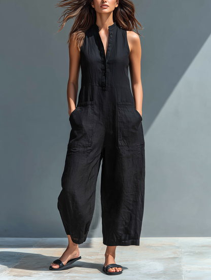 Minimalistischer ärmelloser Damen-Jumpsuit aus Leinenmischung mit Stehkragen und Knopfleiste